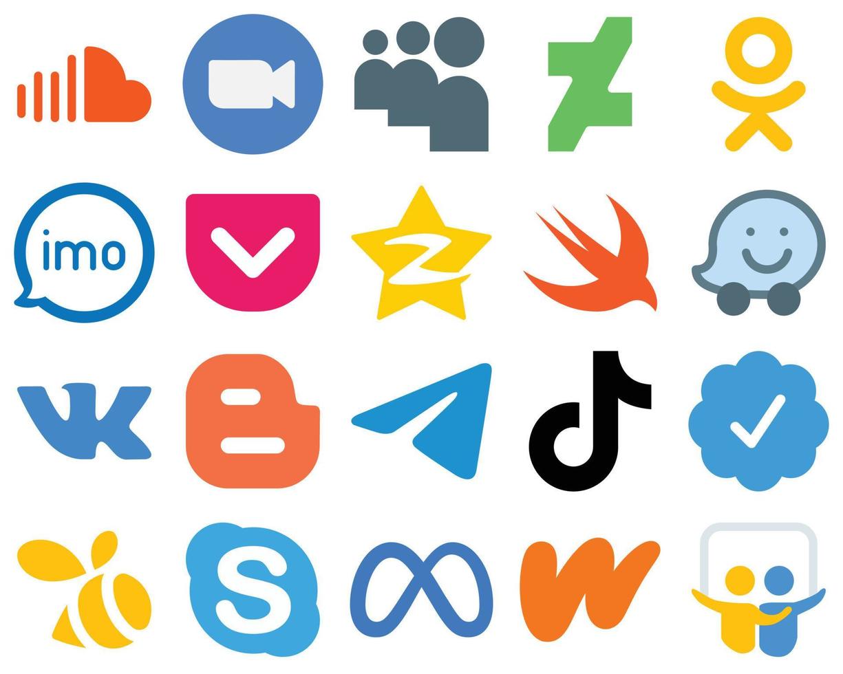 20 piatto sociale media icone per un' minimalista design qzone. deviantart. tasca e video icone. unico pendenza icona impostato vettore