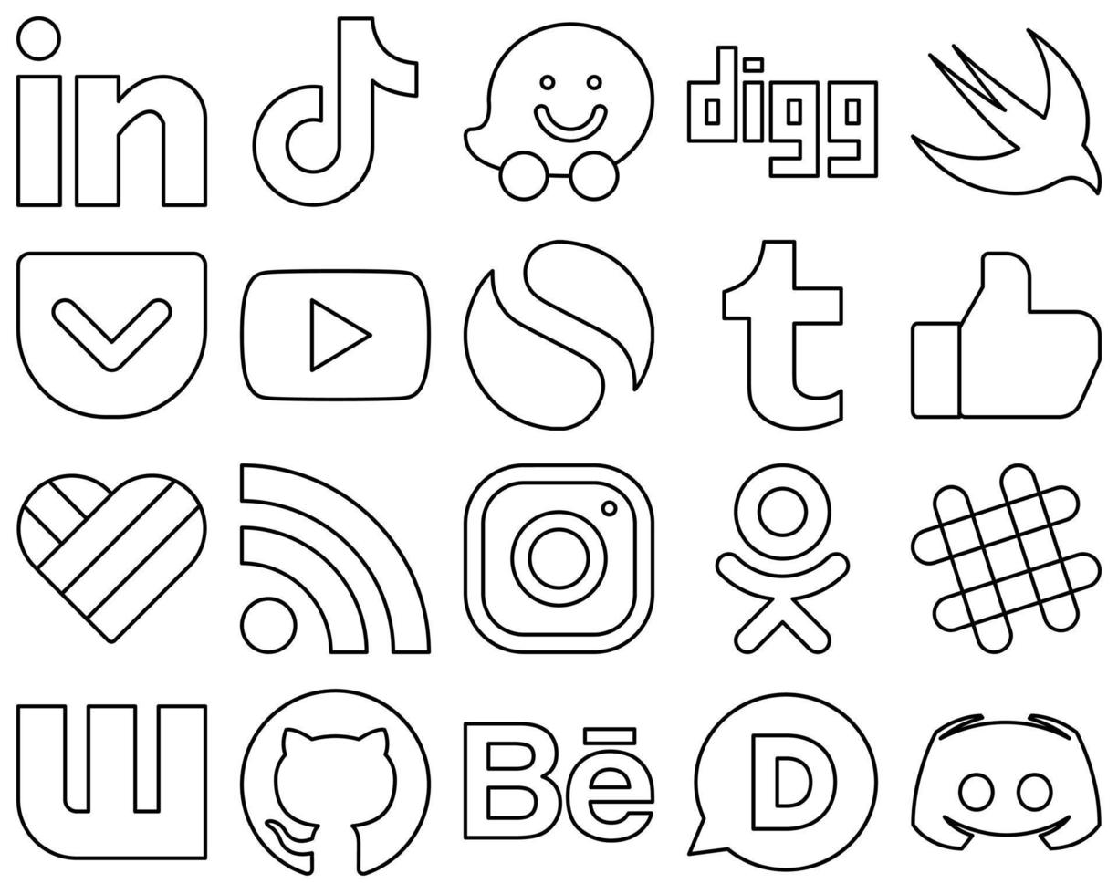20 moderno nero schema sociale media icona impostato come come mi piace. piace. digg. Tumblr e video icone. personalizzabile e unico vettore