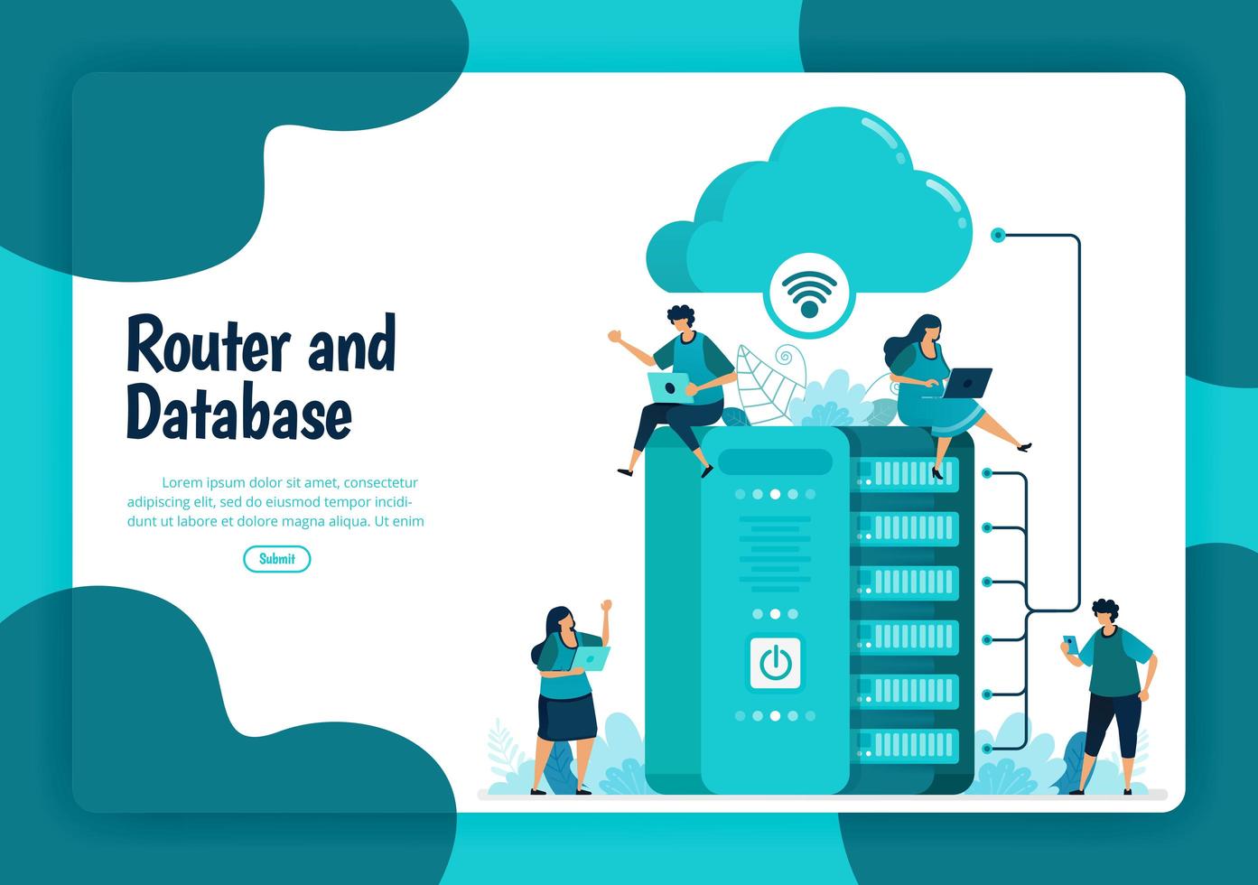 modello di pagina di destinazione del router e del servizio di database. rete wifi e infrastruttura per connessione internet e accesso sicuro. illustrazione della pagina di destinazione, sito Web, app mobili, poster, volantino vettore