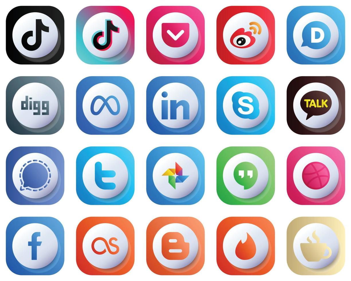 20 carino 3d pendenza elegante sociale media icone come come Chiacchierare. professionale. Cina. linkedin e meta icone. alta definizione e alta qualità vettore