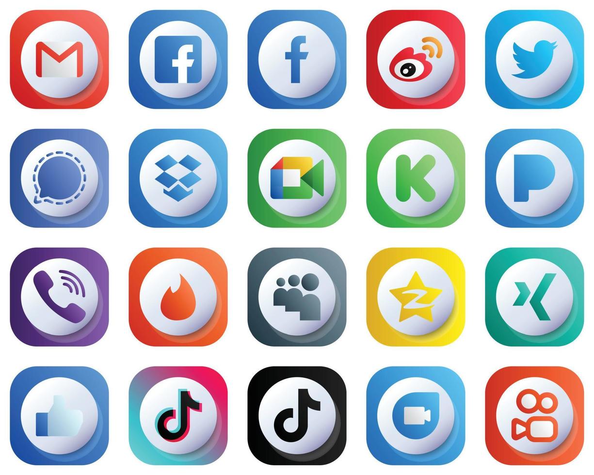 20 carino 3d pendenza icone di maggiore sociale media piattaforme come come video. casella personale. Cina e segnale icone. completamente personalizzabile e minimalista vettore