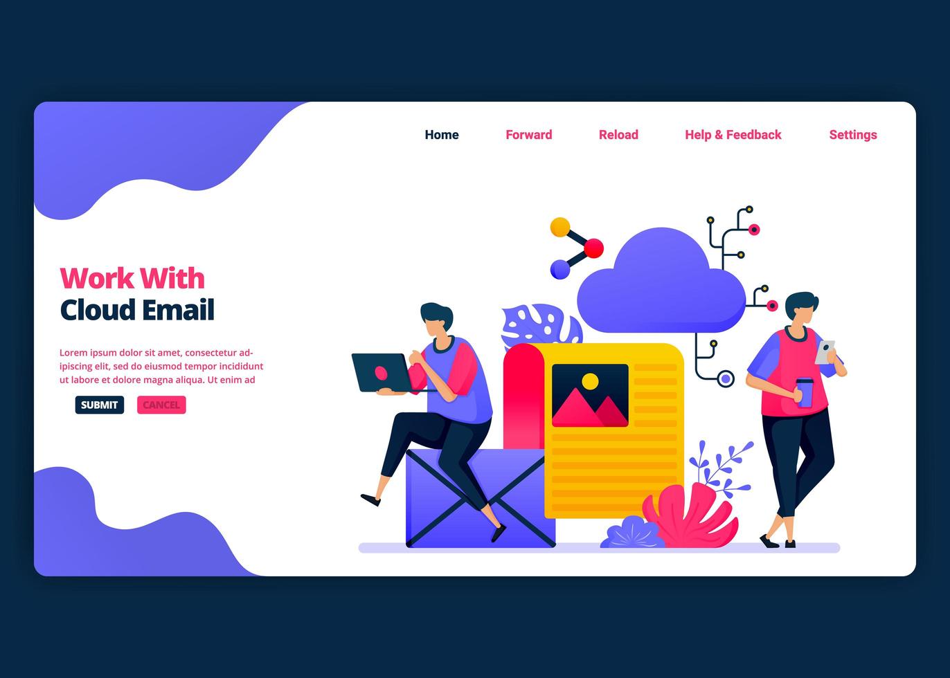 modello di banner di cartone animato vettoriale per lavori con email cloud e gestione informatica. modelli di design creativo di pagine di destinazione e siti Web per le imprese. può essere utilizzato per web, app mobili, poster, volantini