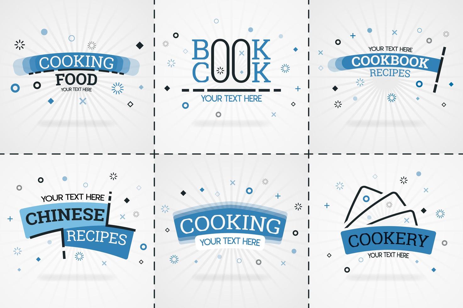 libro di cucina blu impostato per riviste di cibo e ricette. titoli di menu di ristoranti o badge per negozi di alimentari e ristoranti. design minimalista per banner di ricette vettore