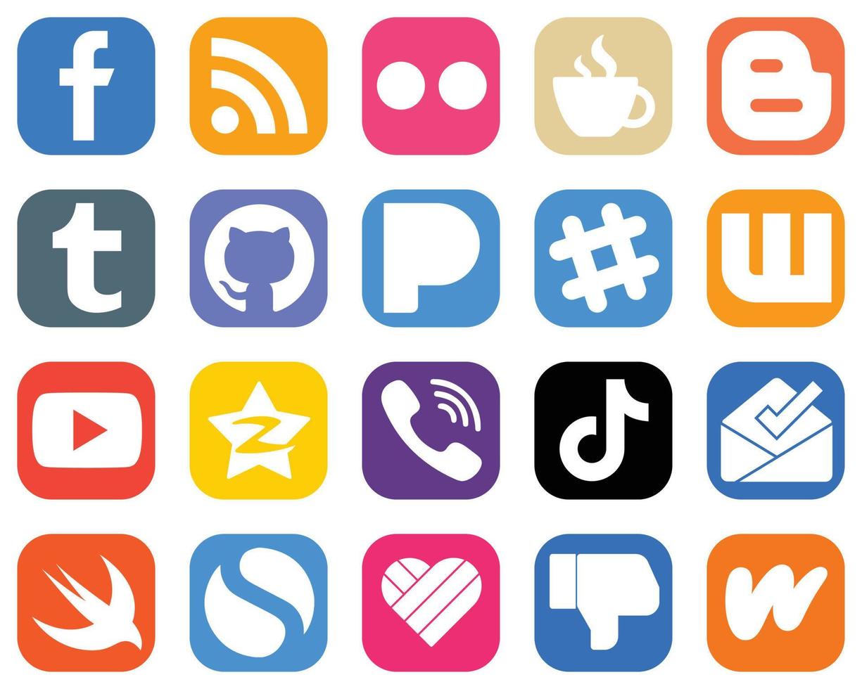 tutti nel uno sociale media icona impostato 20 icone come come Youtube. spotify. streaming. pandora e Tumblr icone. pendenza icona imballare vettore