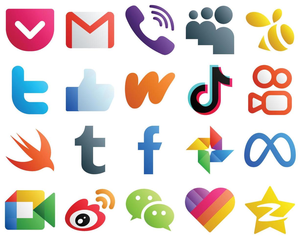 20 elegante pendenza sociale media icone come come video. tic toc. sciame. letteratura e Facebook icone. creativo e professionale vettore