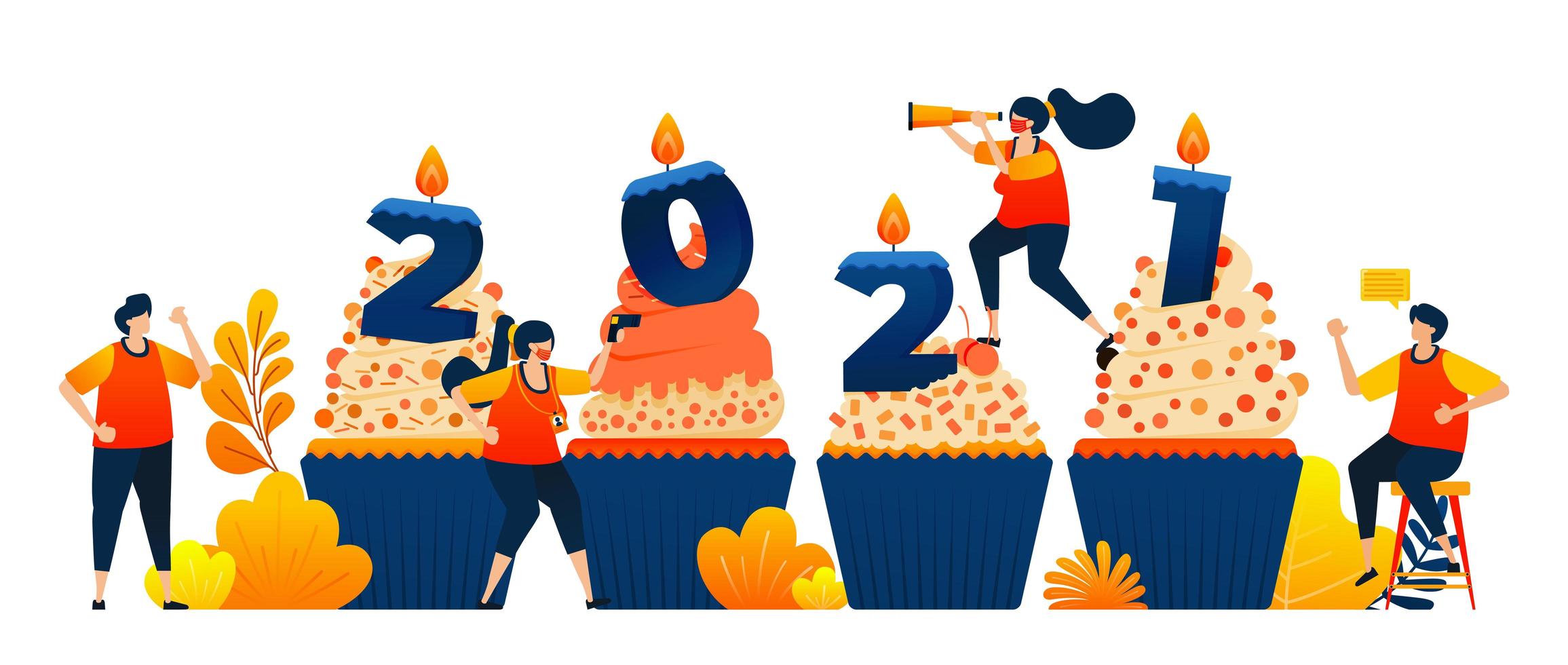 conto alla rovescia dal 2020 al 2021 con tema cupcakes per festeggiare il nuovo anno con la candela. il concetto di illustrazione vettoriale può essere utilizzato per pagina di destinazione, modello, ui ux, web, app mobile, poster, banner, sito web