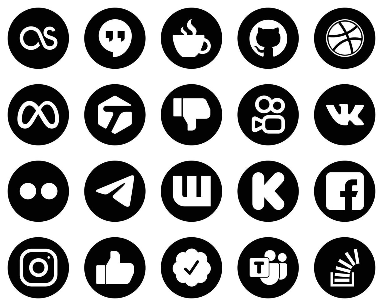 20 semplice bianca sociale media icone su nero sfondo come come messaggero. yahoo. Facebook. flickr e kuaishou icone. minimalista e professionale vettore