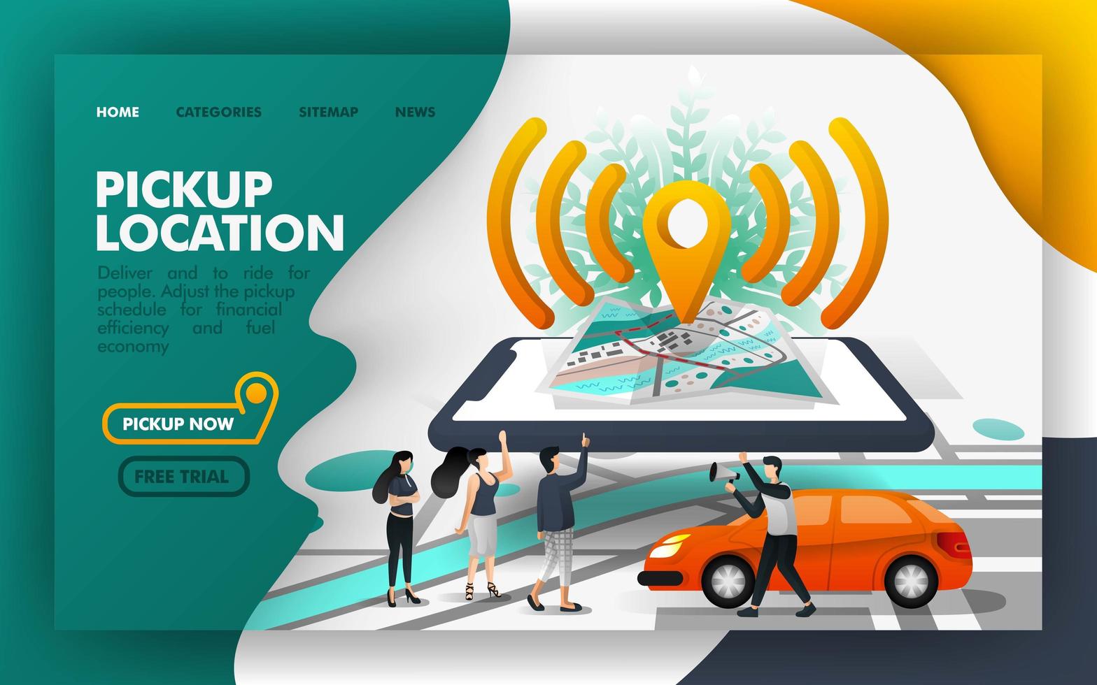 pickup location pin wifi isometrico illustrazione vettoriale concetto, condividere un giro con altre persone. facile da usare per sito Web, banner, pagina di destinazione, brochure, flyer, stampa, app mobile, poster, modello, ui