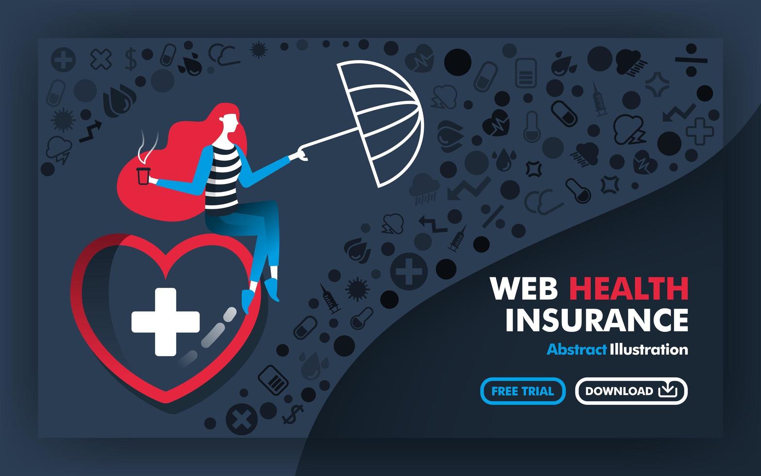 vettore astratto illustrazione banner e poster in grigio con il titolo di assicurazione sanitaria web. la donna seduta nel grande cuore e con in mano un ombrello per proteggere la malattia. stile cartone animato piatto
