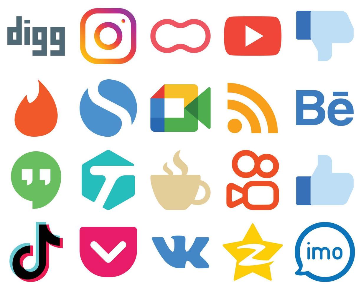 20 contemporaneo e pulito piatto sociale media icone alimentazione. video. video e semplice icone. pendenza icona imballare vettore