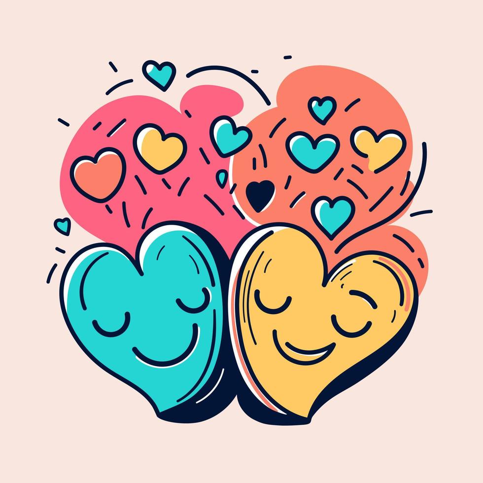 mano disegnato san valentino giorno coppia di cuori sorridente amore scarabocchio disegni San Valentino kawaii cartone animato illustrazione vettore