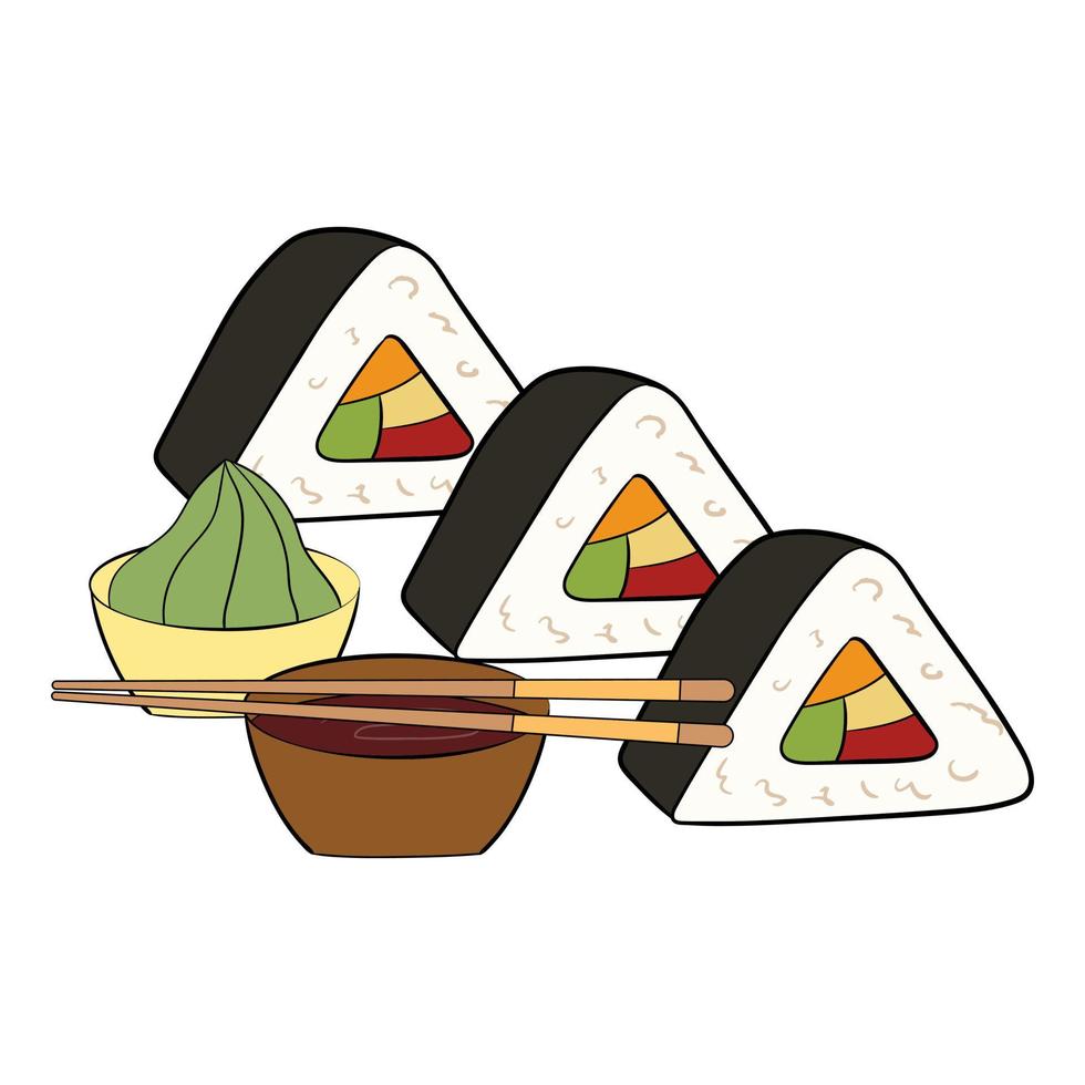 un' impostato di triangolare sagomato Sushi con salsa e wasabi e bacchette. vettore illustrazione su un' bianca sfondo.