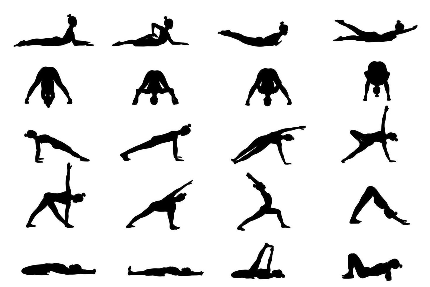 yoga pose collezione. nero ombra. femmina donna ragazza. vettore illustrazione nel cartone animato piatto stile isolato su bianca sfondo.