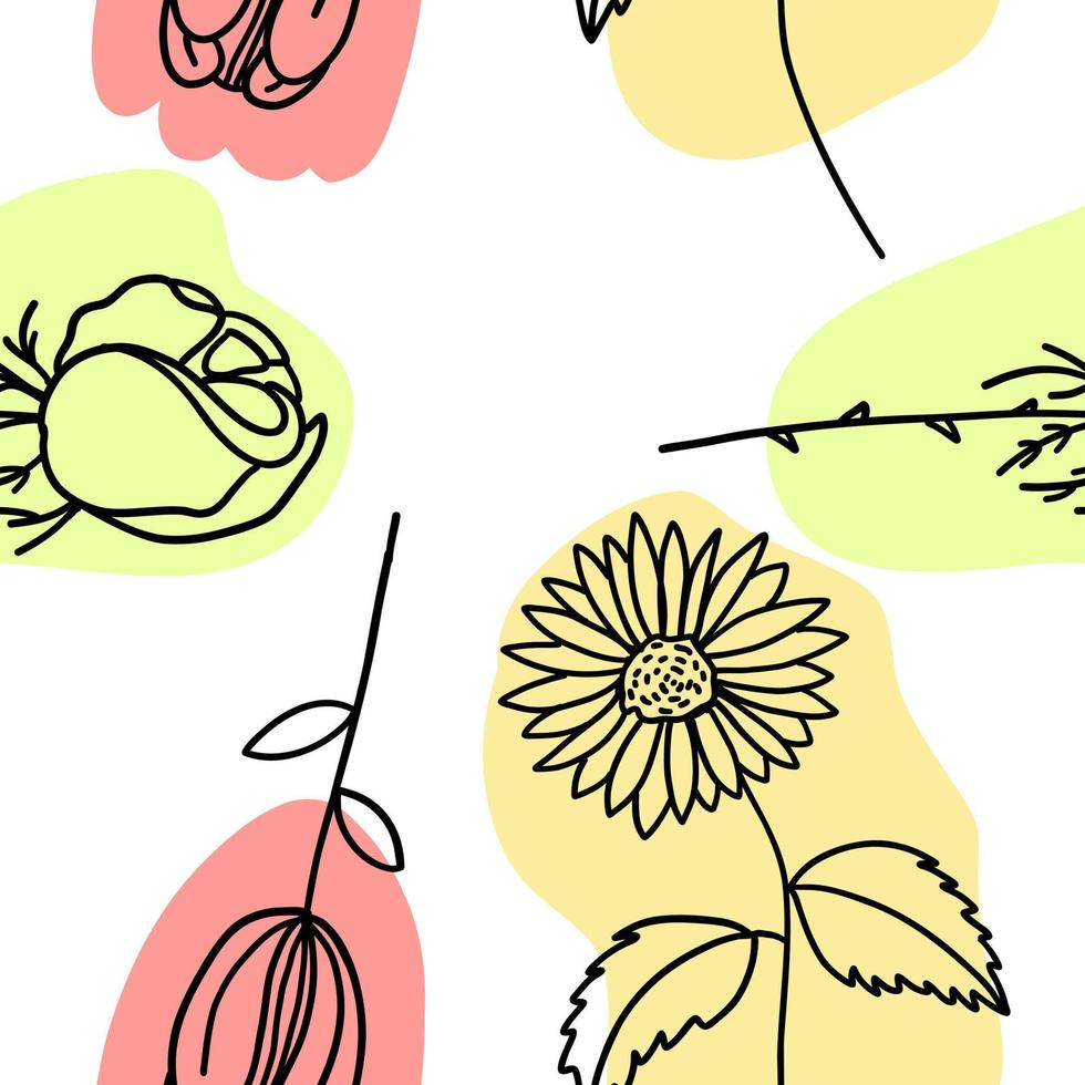fiori con colorato spazzola senza soluzione di continuità modello nel piatto scarabocchio cartone animato stile. vettore senza soluzione di continuità sfondo con bianca sfondo.