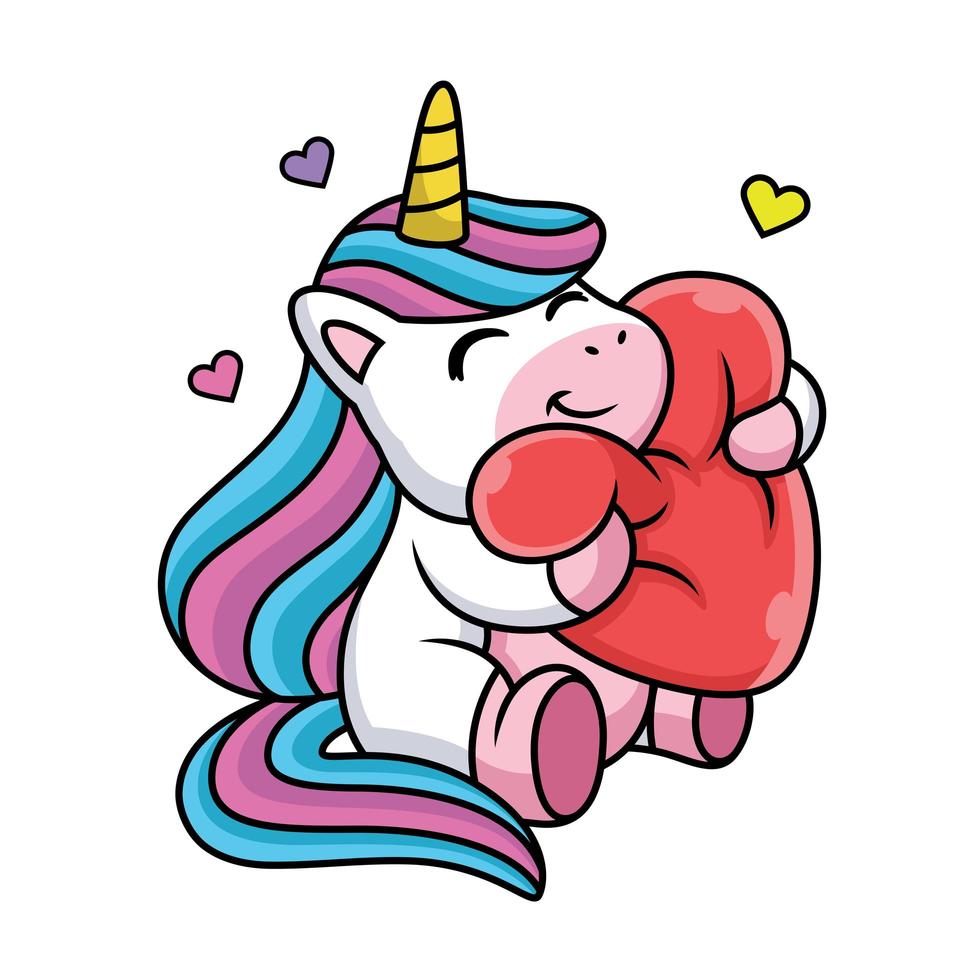 simpatico cartone animato unicorno felice con amore vettore