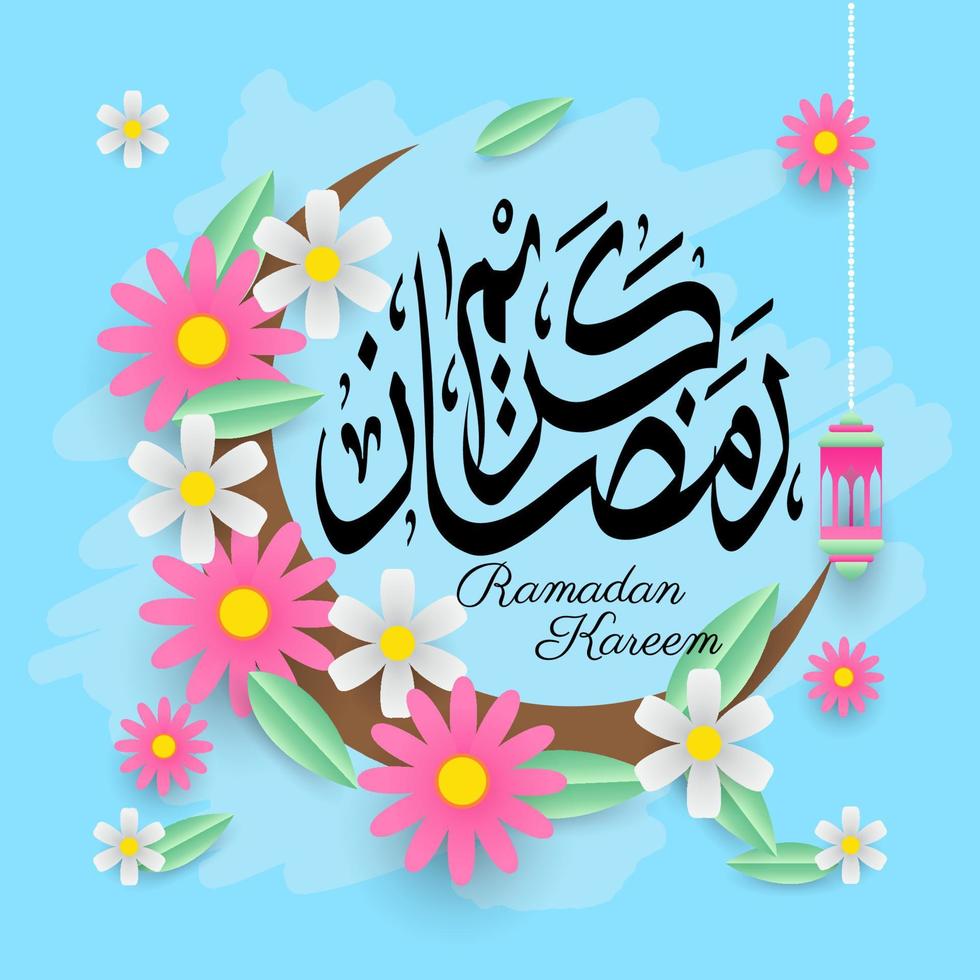 Ramadan kareem carta con fiori, lanterna, foglie e Luna su blu sfondo. islamico vettore illustrazione
