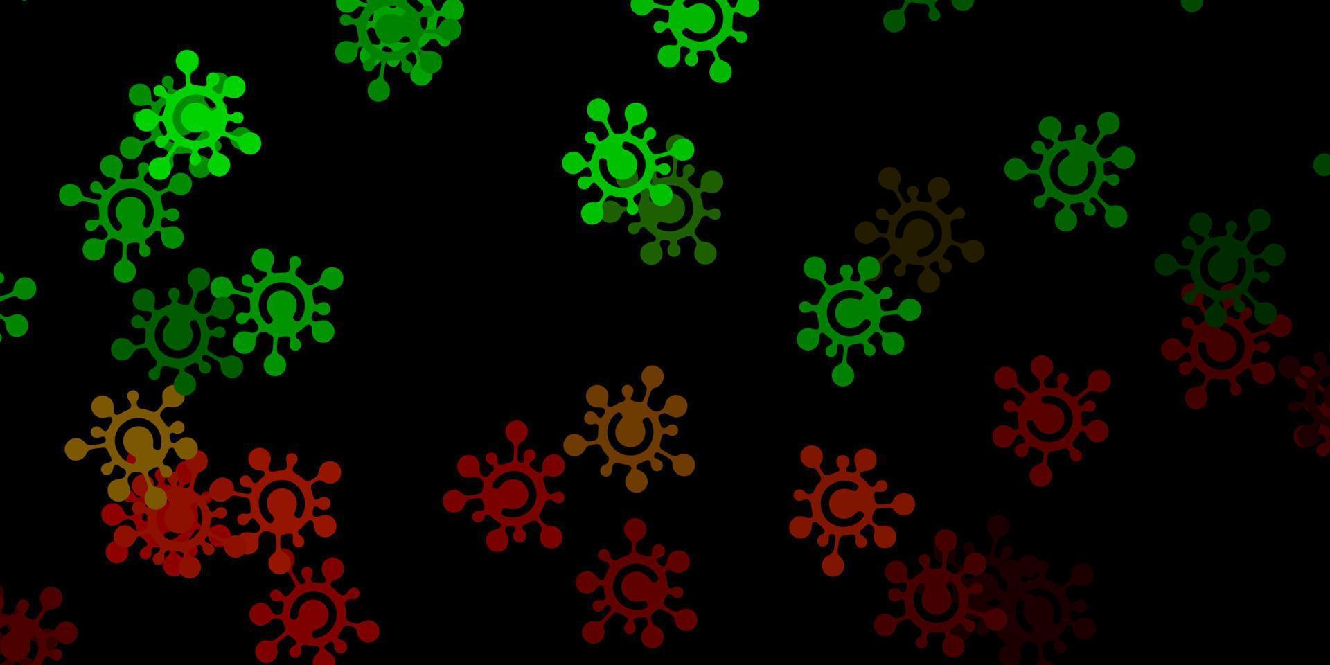 sfondo vettoriale verde scuro, rosso con simboli covid-19.