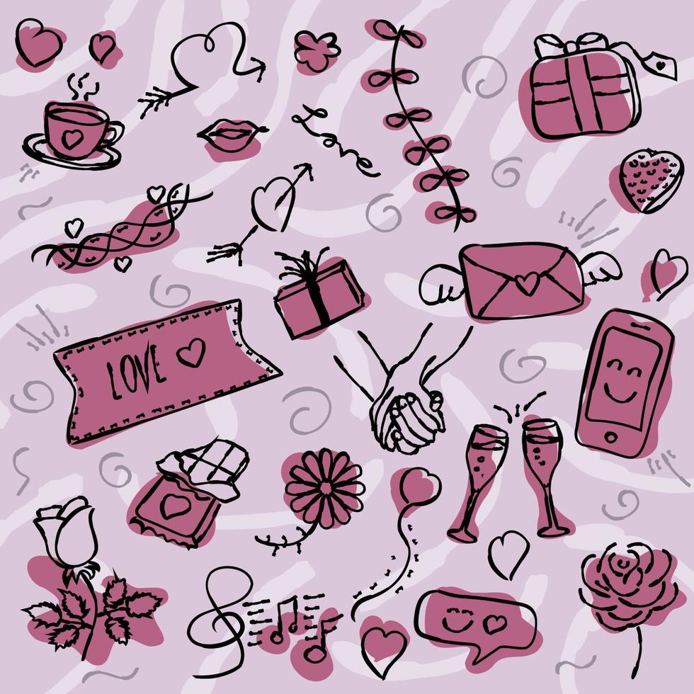 collezione di disegnato a mano scarabocchi, linee, scarabocchiare stile con amore tema. San Valentino collezione con Rose, cioccolato, regali, amore testi, cuori, Palloncino, musica, caffè nel rosso, rosa colori. vettore