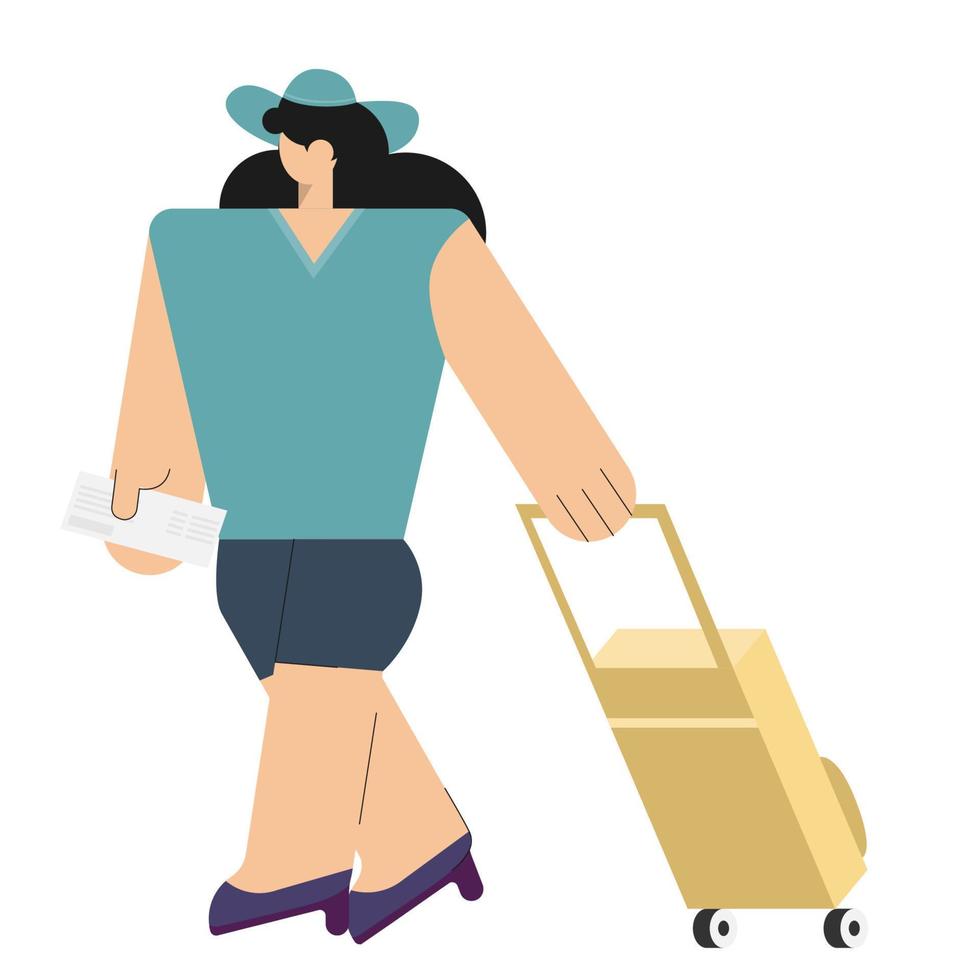 donna passeggeri con bagaglio a piedi nel il aeroporto terminale partenza sala in attesa per imbarco aereo vacanza vacanza volo vettore