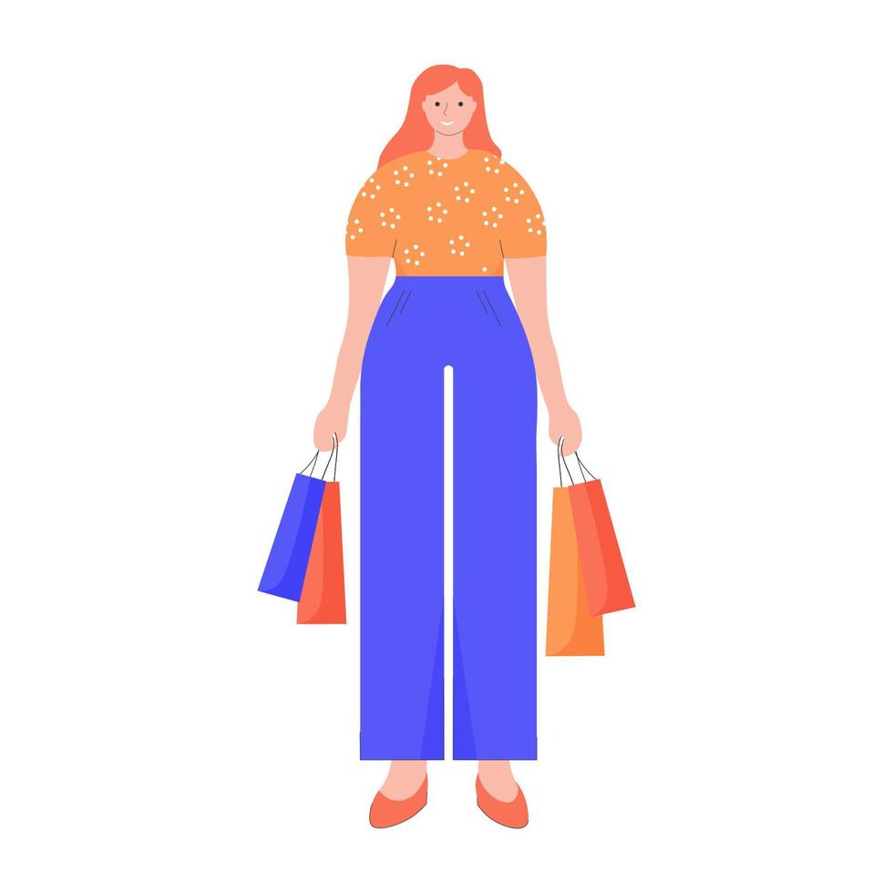 donna Tenere shopping borse, e isolato donna personaggio nel piatto stile, vettore illustrazione.