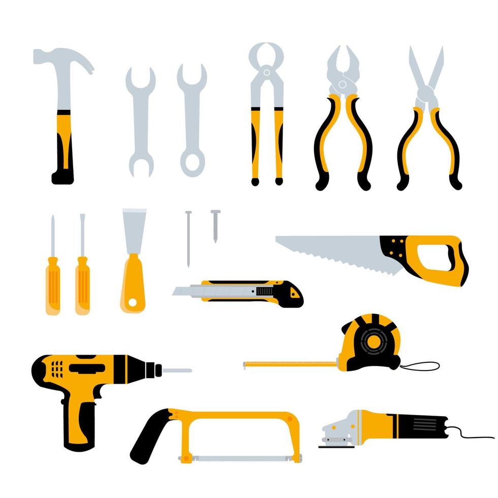 impostato di riparazione carpenteria costruzione utensili su bianca sfondo. vettore illustrazione