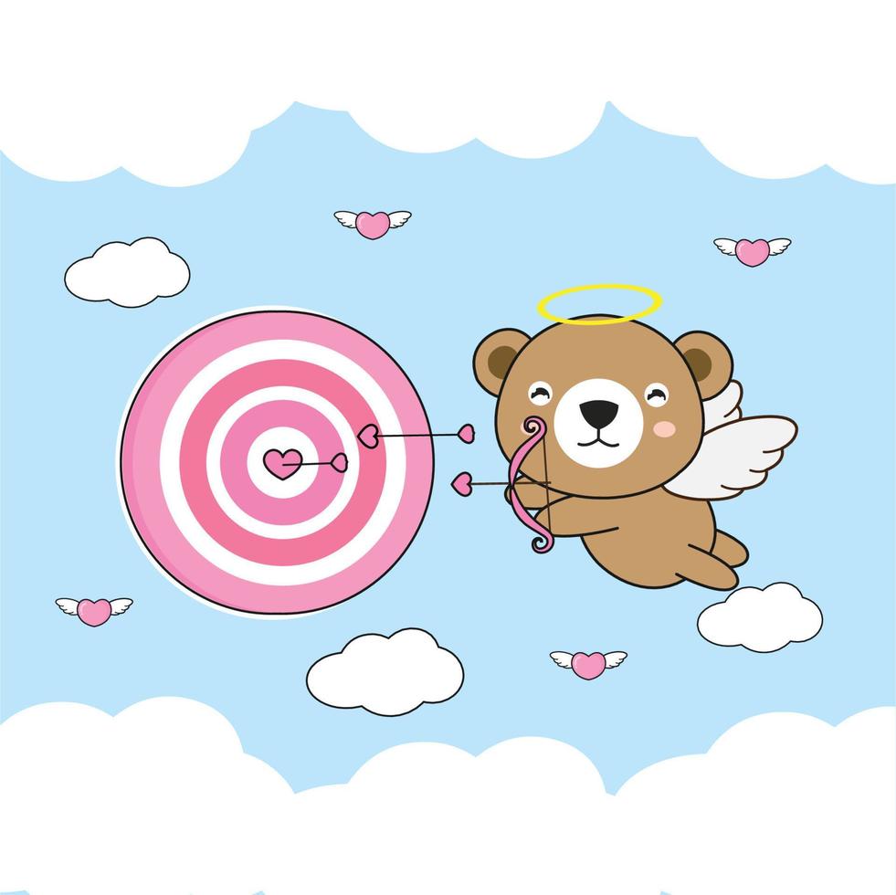 San Valentino giorno saluto carta .carino orso Cupido spara un freccia a un' obbiettivo. vettore