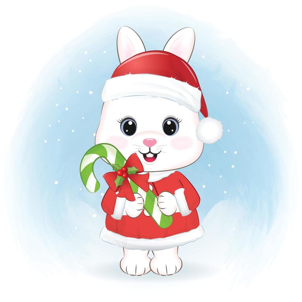 Natale stagione sfondo illustrazione e carino poco coniglio Tenere caramella canna vettore