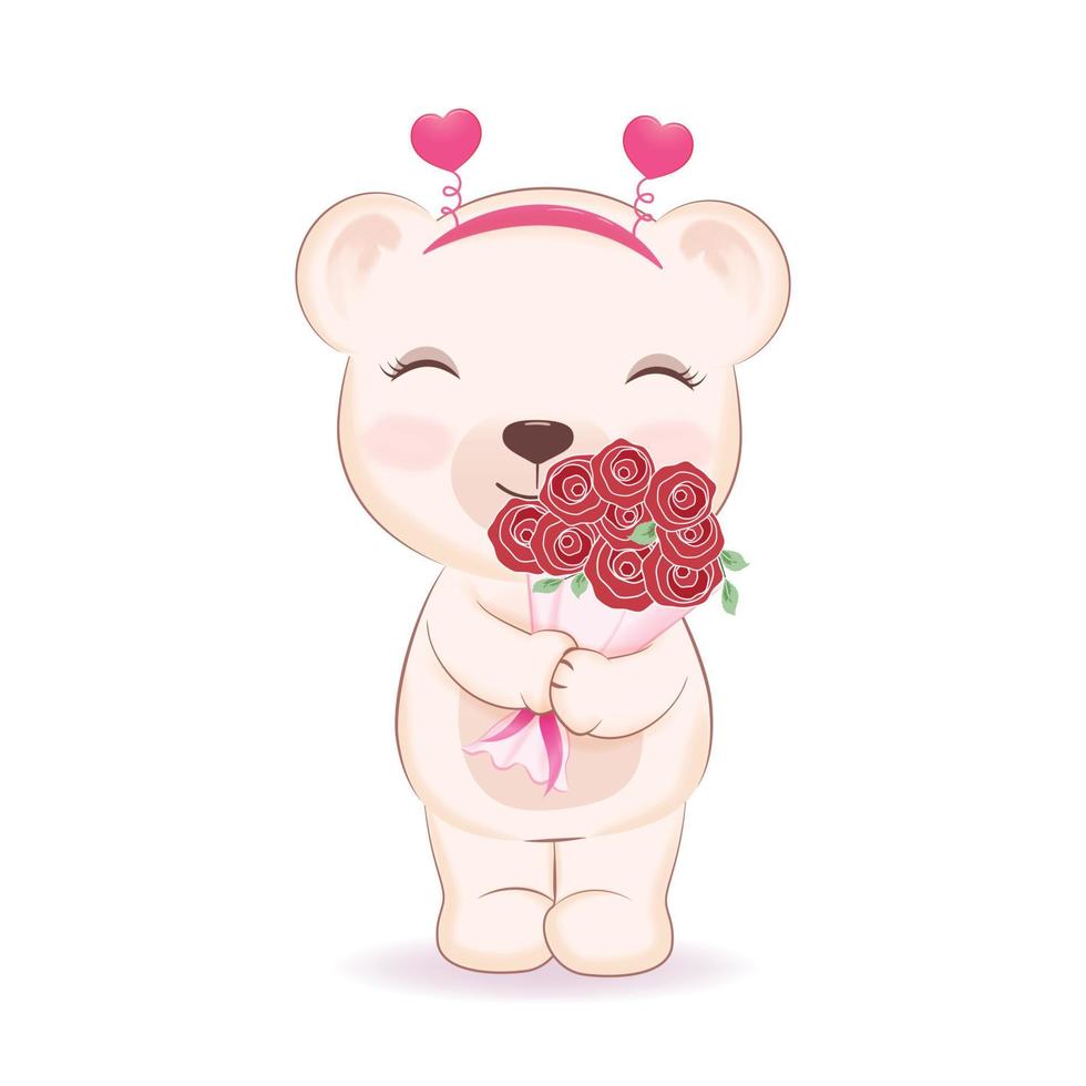 carino poco orso e rosa mazzo, San Valentino giorno concetto illustrazione vettore