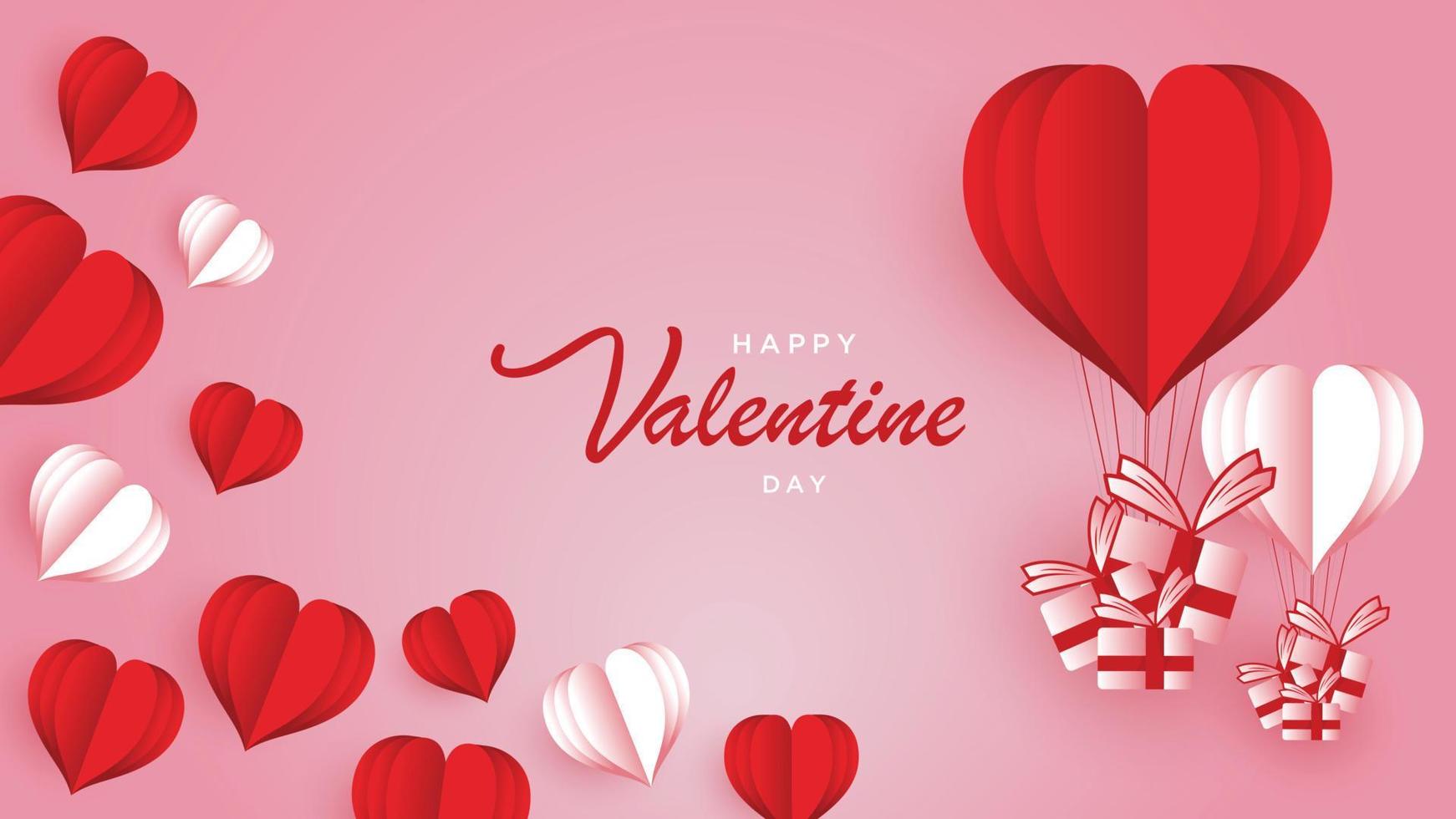 San Valentino giorno con cuore baloon e regalo. carta tagliare stile. vettore