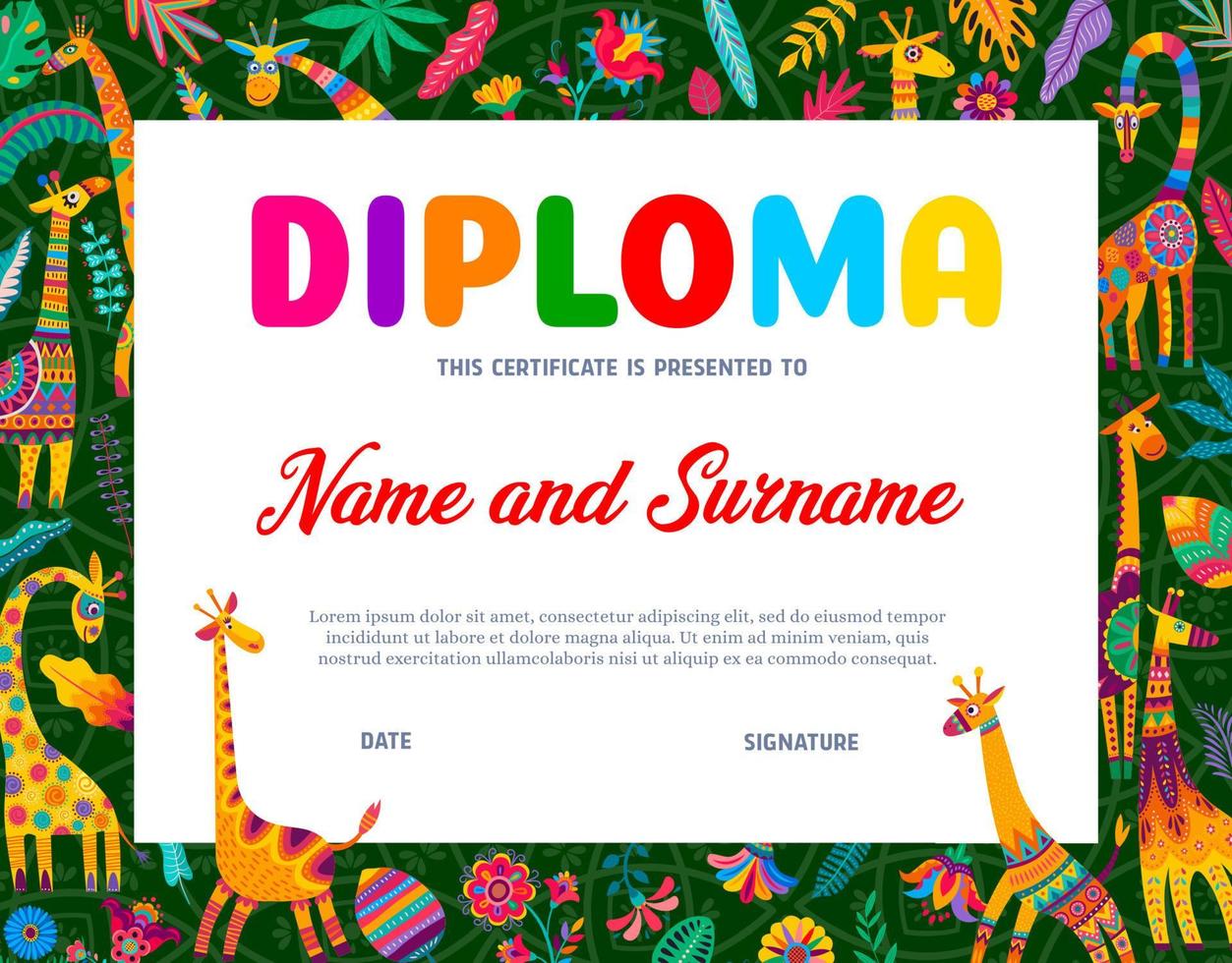 bambini diploma con divertente africano giraffe, fiori vettore