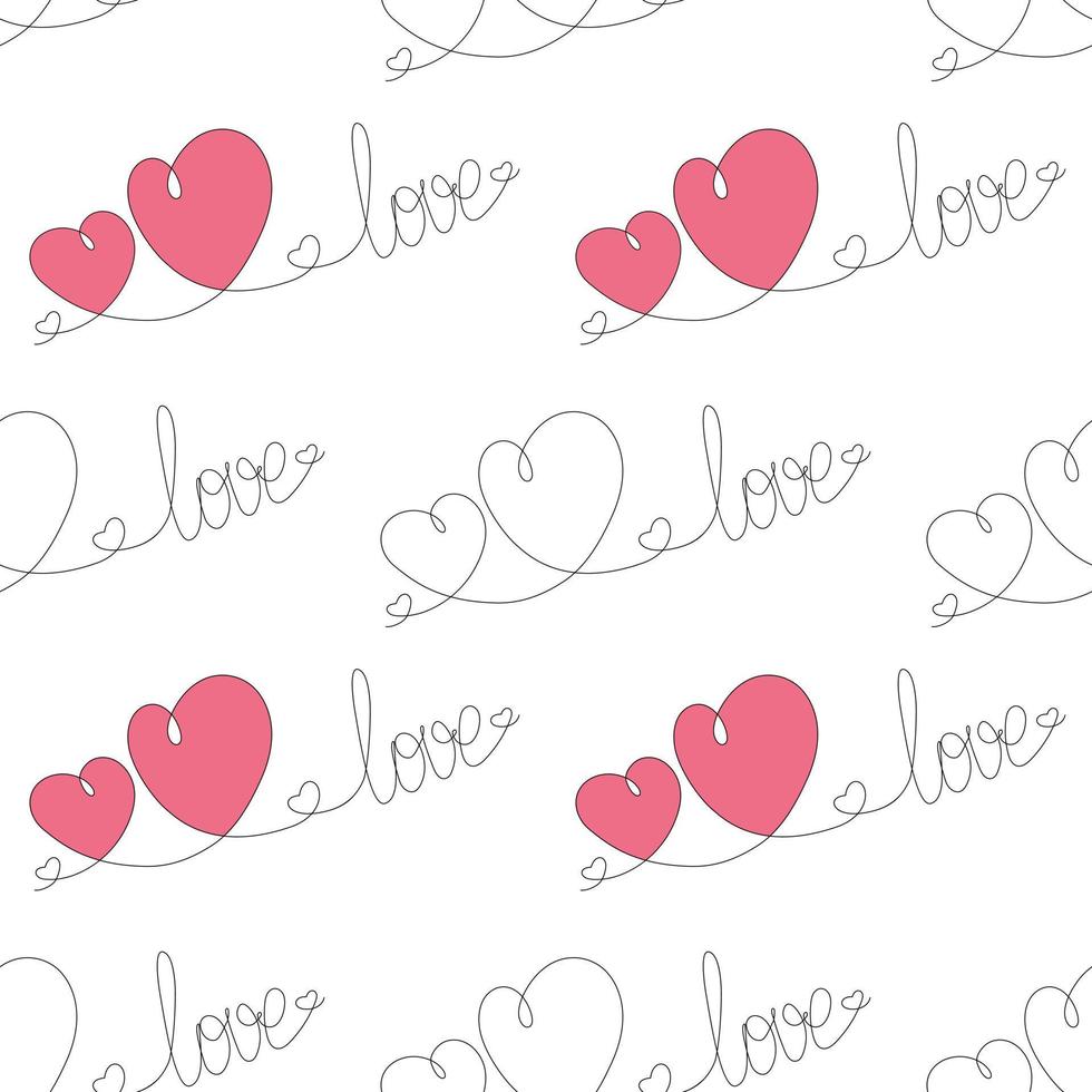 continuo mano disegnato linea lettering amore e Due cuori lato di lato nel di moda tinta. san valentino giorno vettore