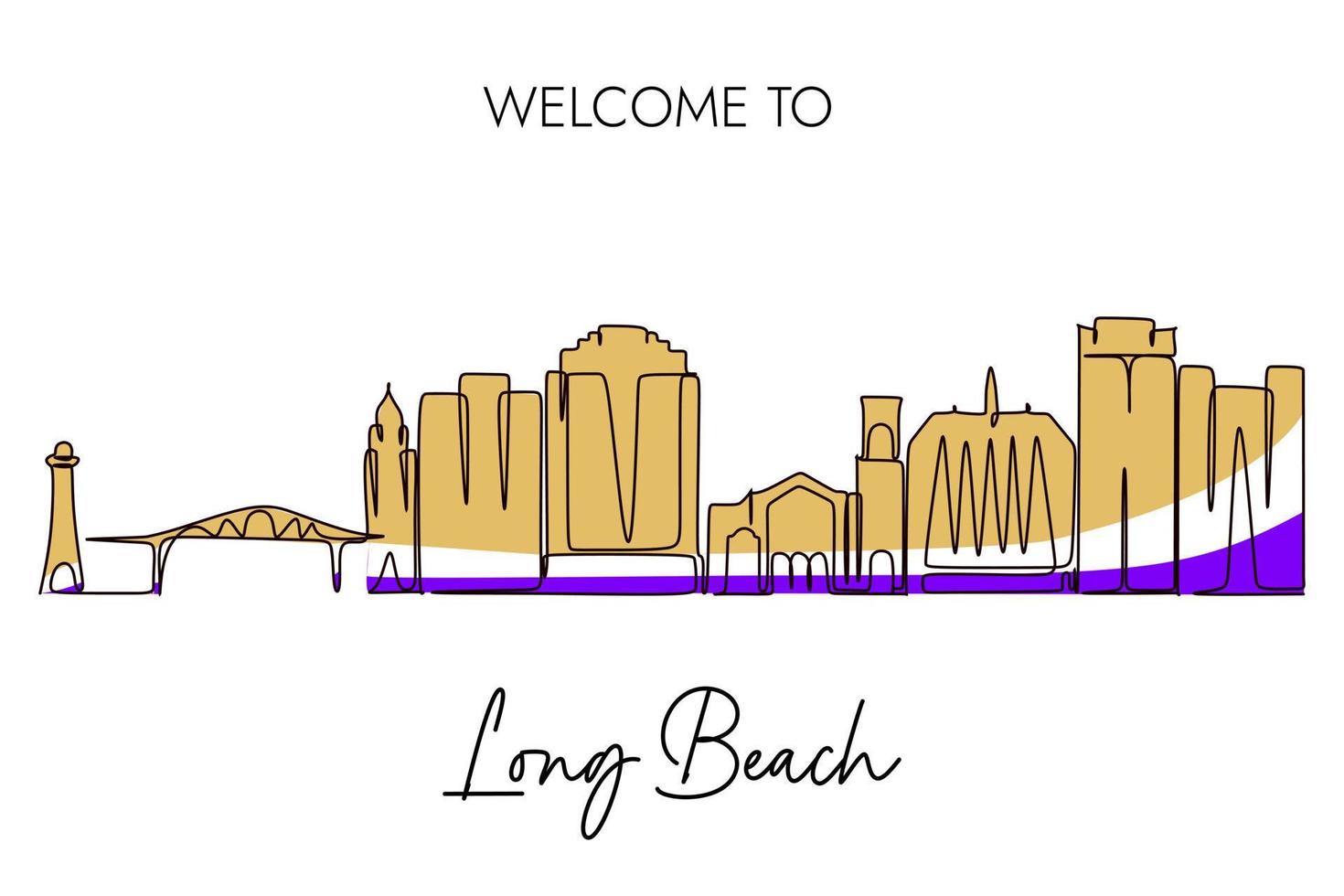 lungo spiaggia orizzonte singolo continuo linea disegno. piatto colore lungo spiaggia città design isolato su bianca sfondo. vettore