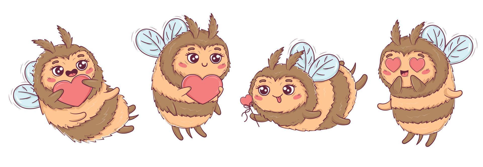 collezione clipart cartone animato carino ape nel amore per San Valentino giorno nel divertente pose con cuori vettore