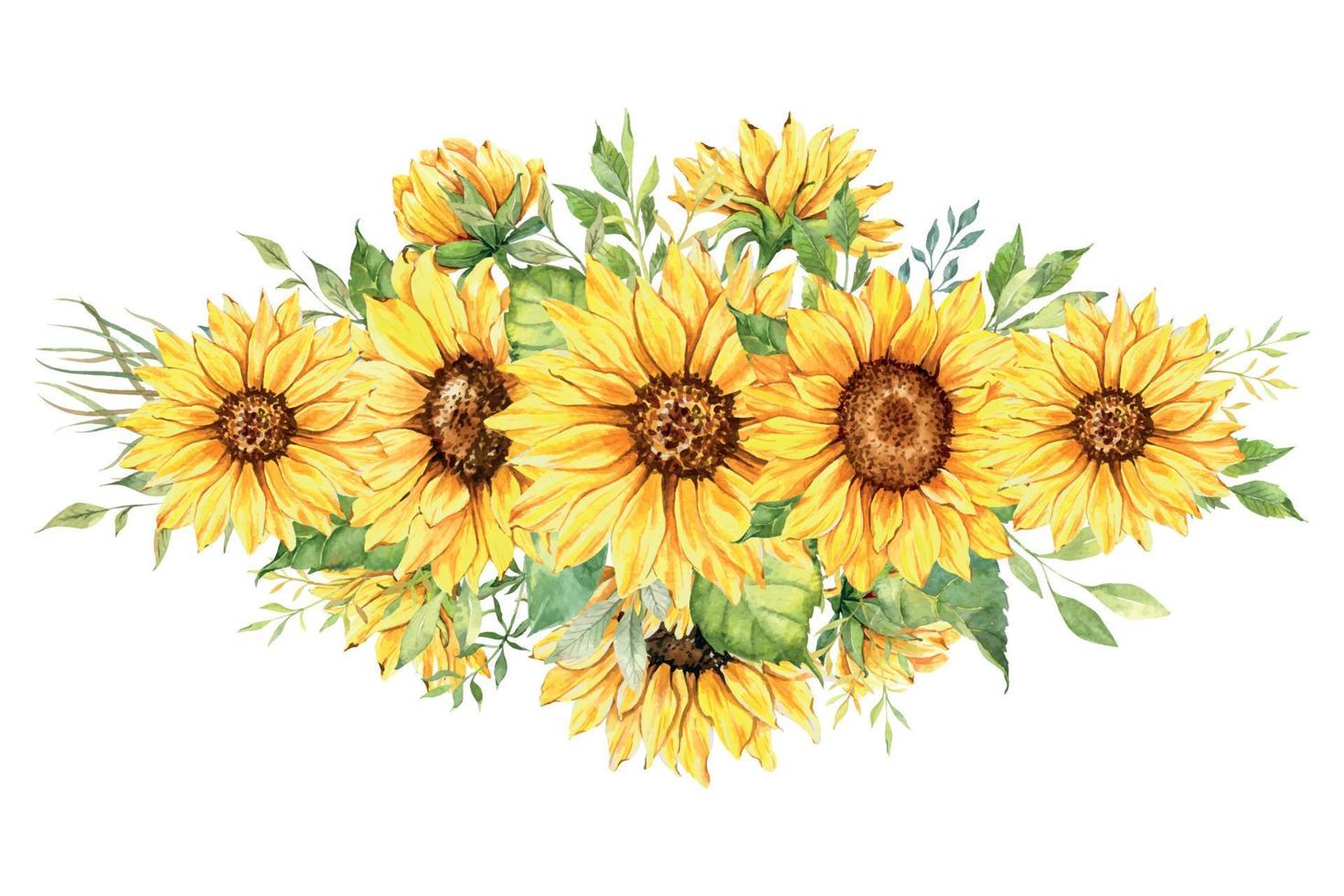 acquerello girasoli mazzo, mano dipinto girasole mazzi di fiori con verde, girasole fiore disposizione. nozze invito clipart elementi. acquerello floreale. botanico disegno. bianca sfondo. vettore