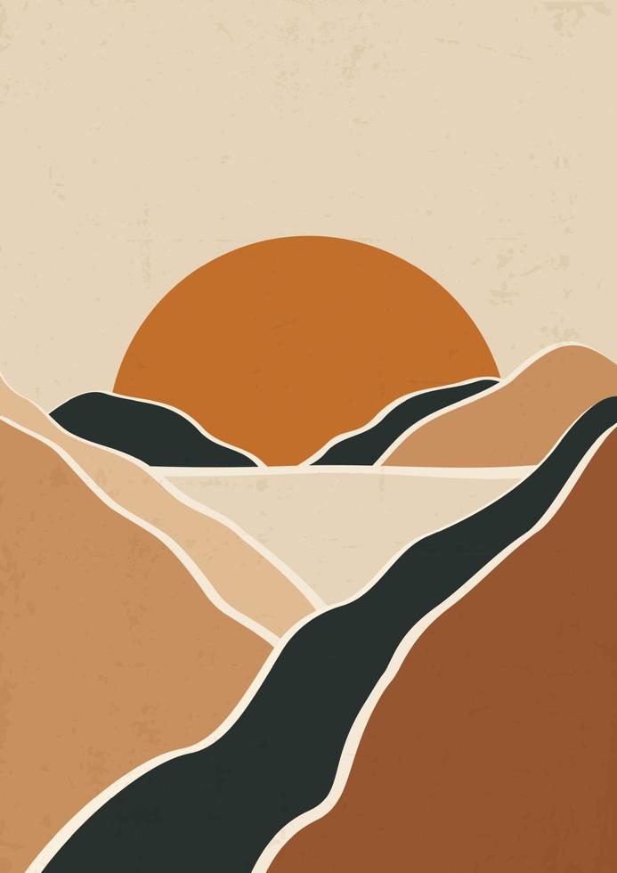 terracotta boho montagna paesaggio manifesto. moderno boho sfondo con sole e montagne, minimalista parete arredamento. vettore a4 arte Stampa