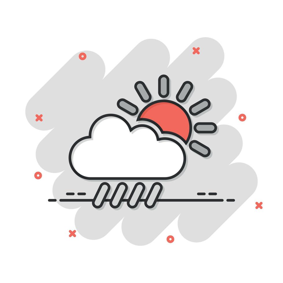 tempo metereologico icona nel comico stile. sole, nube e pioggia cartone animato vettore illustrazione su bianca isolato sfondo. meteorologia spruzzo effetto cartello attività commerciale concetto.