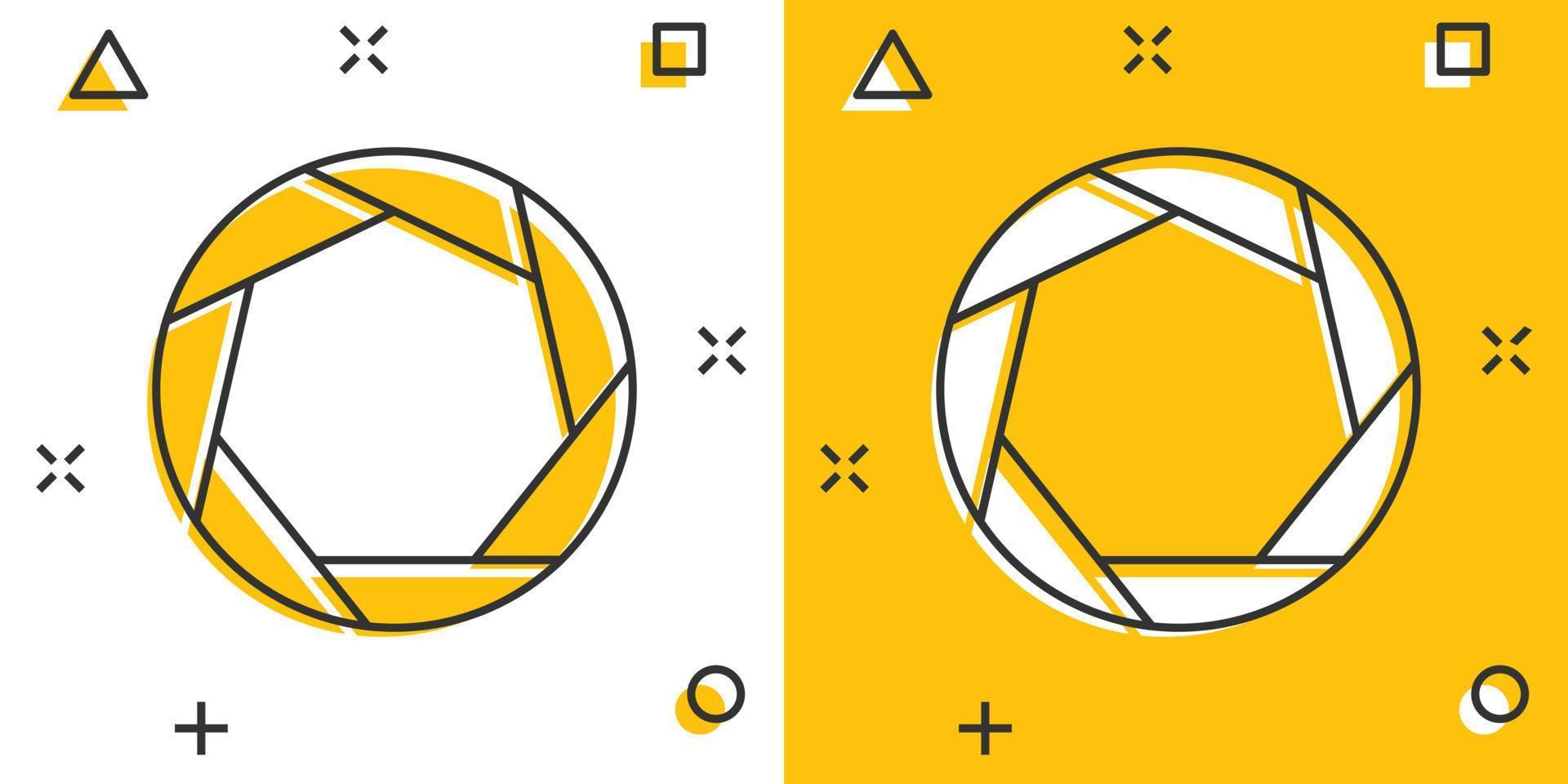 telecamera diaframma icona nel comico stile. lente cartone animato cartello vettore illustrazione su bianca isolato sfondo. foto istantanea spruzzo effetto attività commerciale concetto.