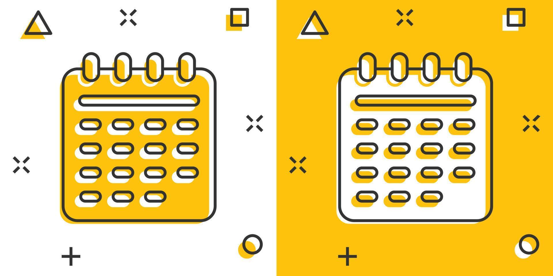 calendario icona nel comico stile. ordine del giorno cartone animato vettore illustrazione su bianca isolato sfondo. programma progettista spruzzo effetto attività commerciale concetto.