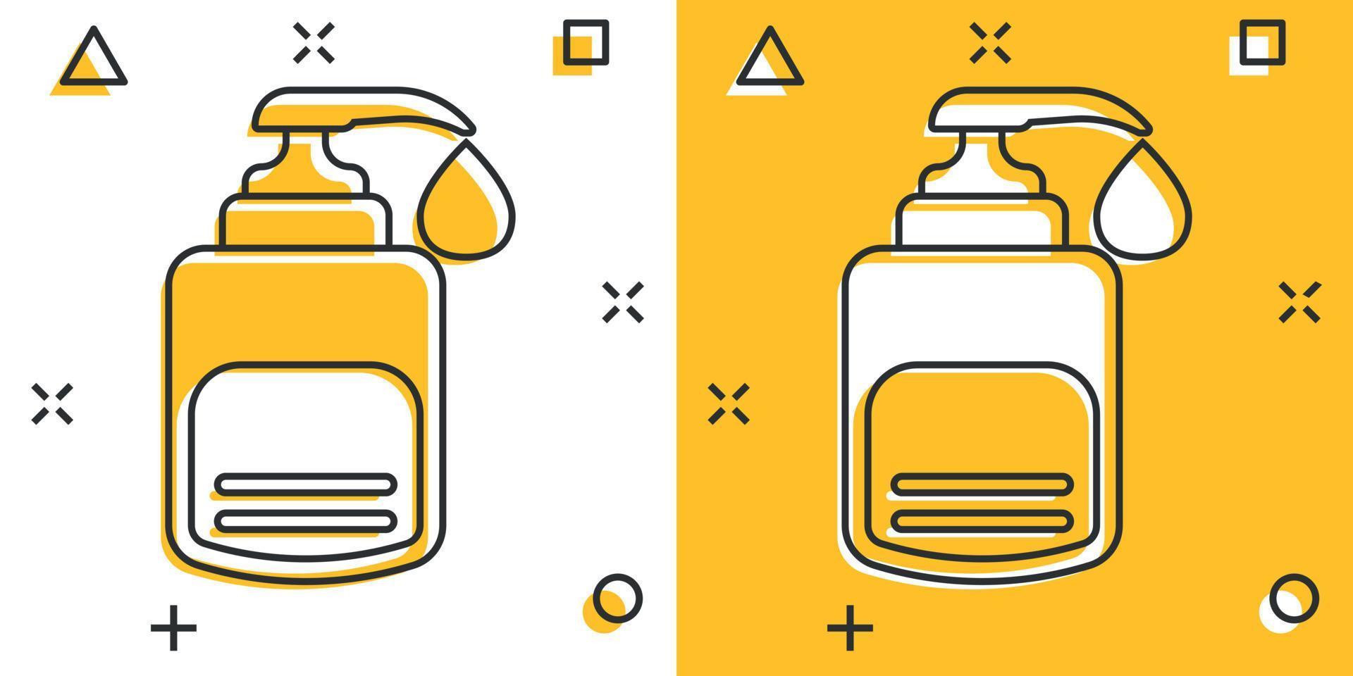 mano disinfettante icona nel comico stile. antisettico bottiglia cartone animato vettore illustrazione su isolato sfondo. disinfettare gel spruzzo effetto cartello attività commerciale concetto.