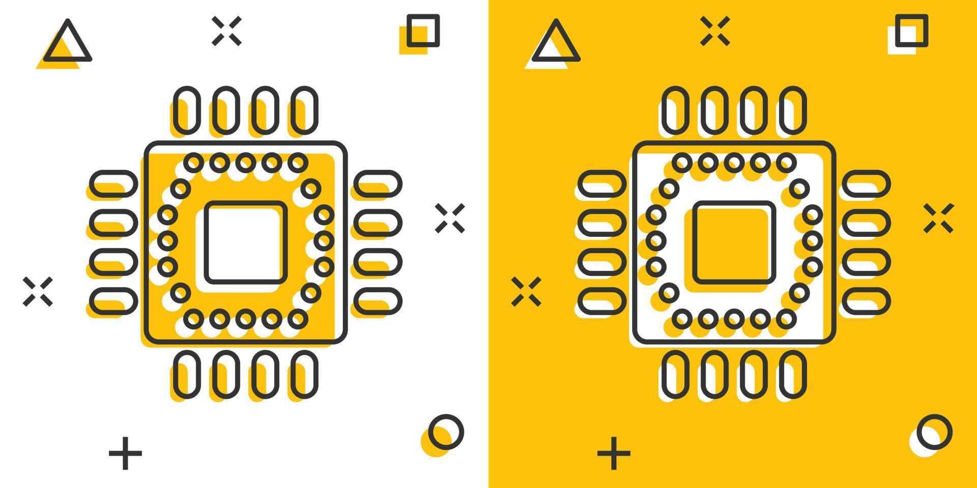 computer processore icona nel comico stile. circuito tavola cartone animato vettore illustrazione su bianca isolato sfondo. scheda madre patata fritta spruzzo effetto attività commerciale concetto.