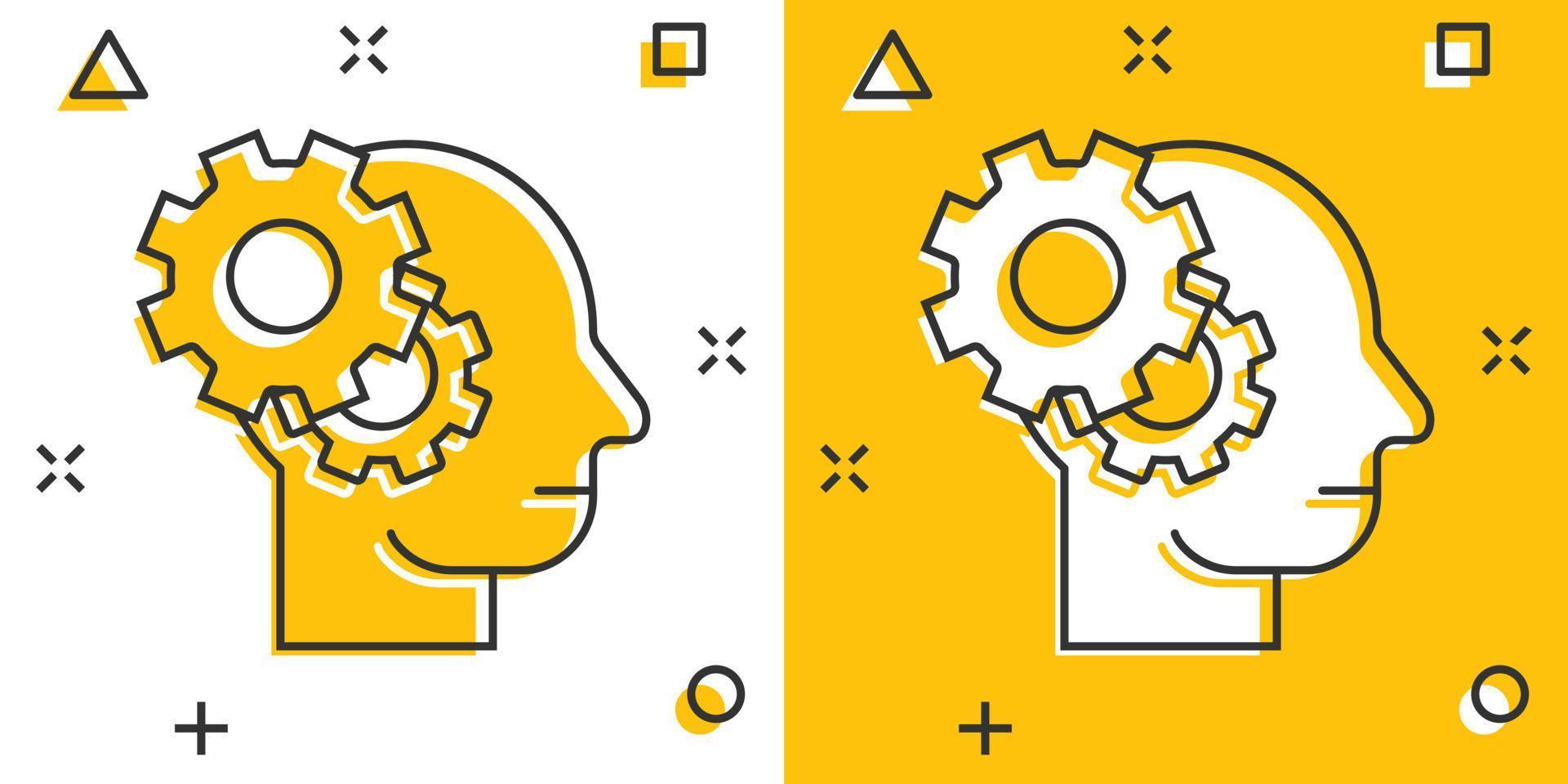 umano testa con ruota dentata icona nel comico stile. tecnologia progresso cartone animato vettore illustrazione su bianca isolato sfondo. viso e Ingranaggio spruzzo effetto attività commerciale concetto.