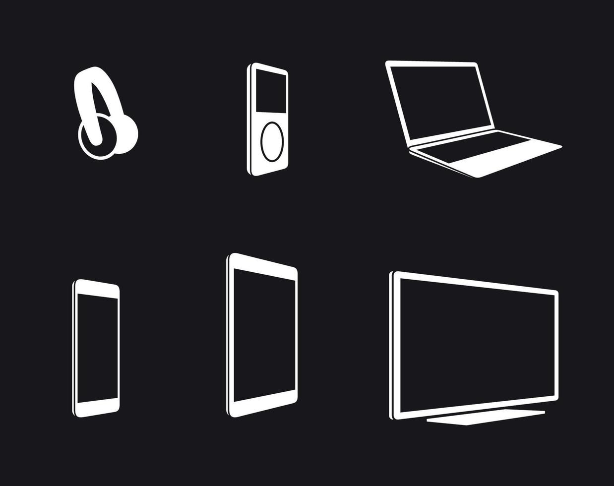 elettronico dispositivi icone impostare. bianca su un' nero sfondo vettore