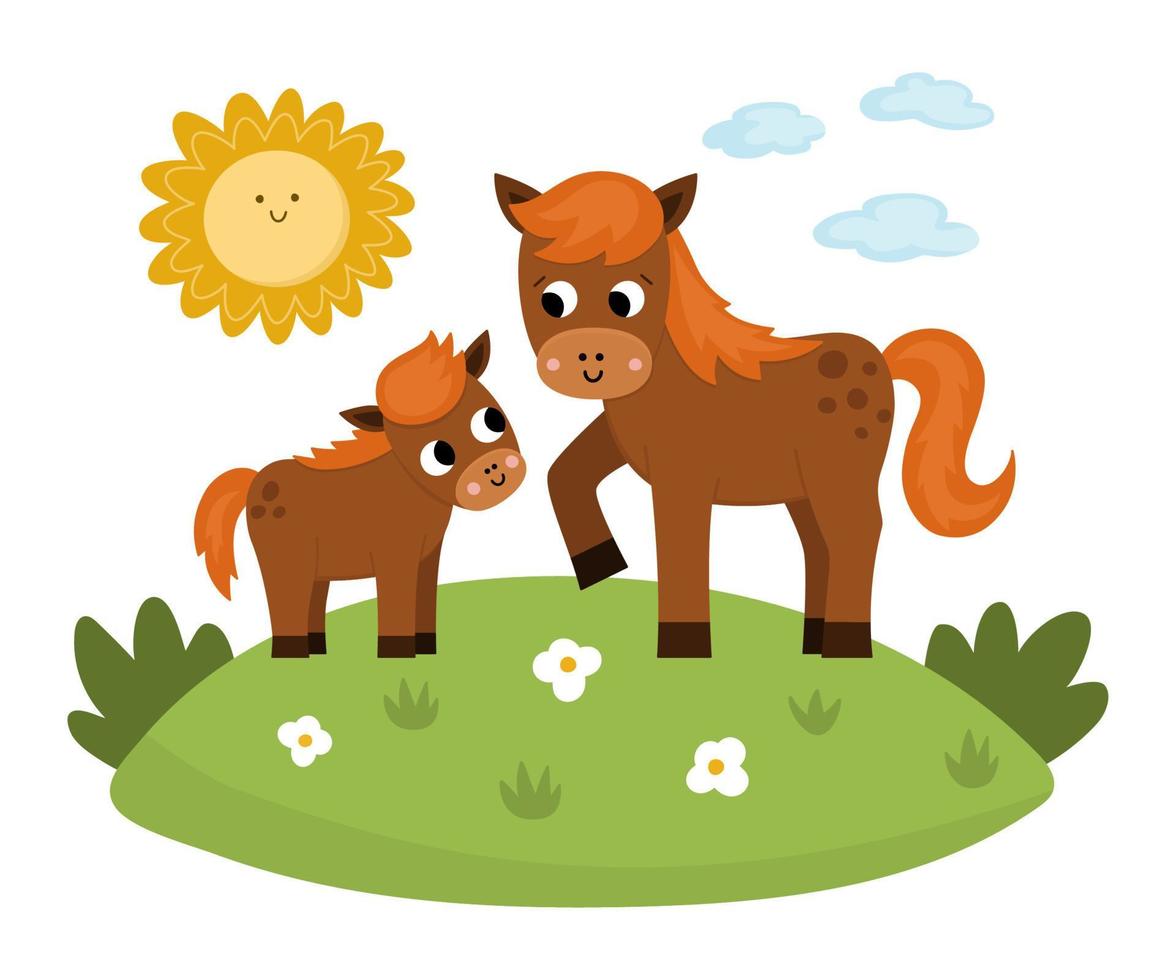 vettore cavallo con bambino su un' prato sotto il sole. carino cartone animato famiglia scena illustrazione per bambini. azienda agricola animali su naturale sfondo. colorato piatto madre e bambino immagine per bambini