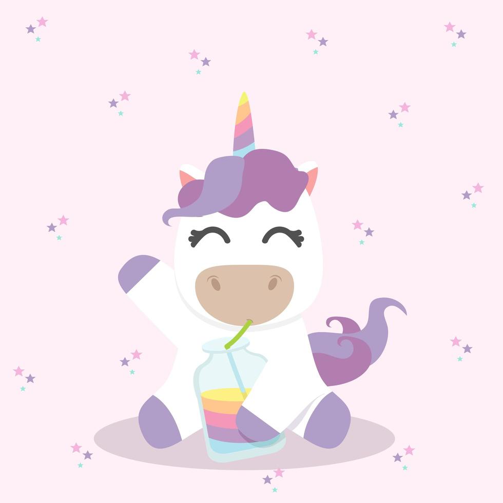 unicorno felice che beve una bevanda colorata vettore