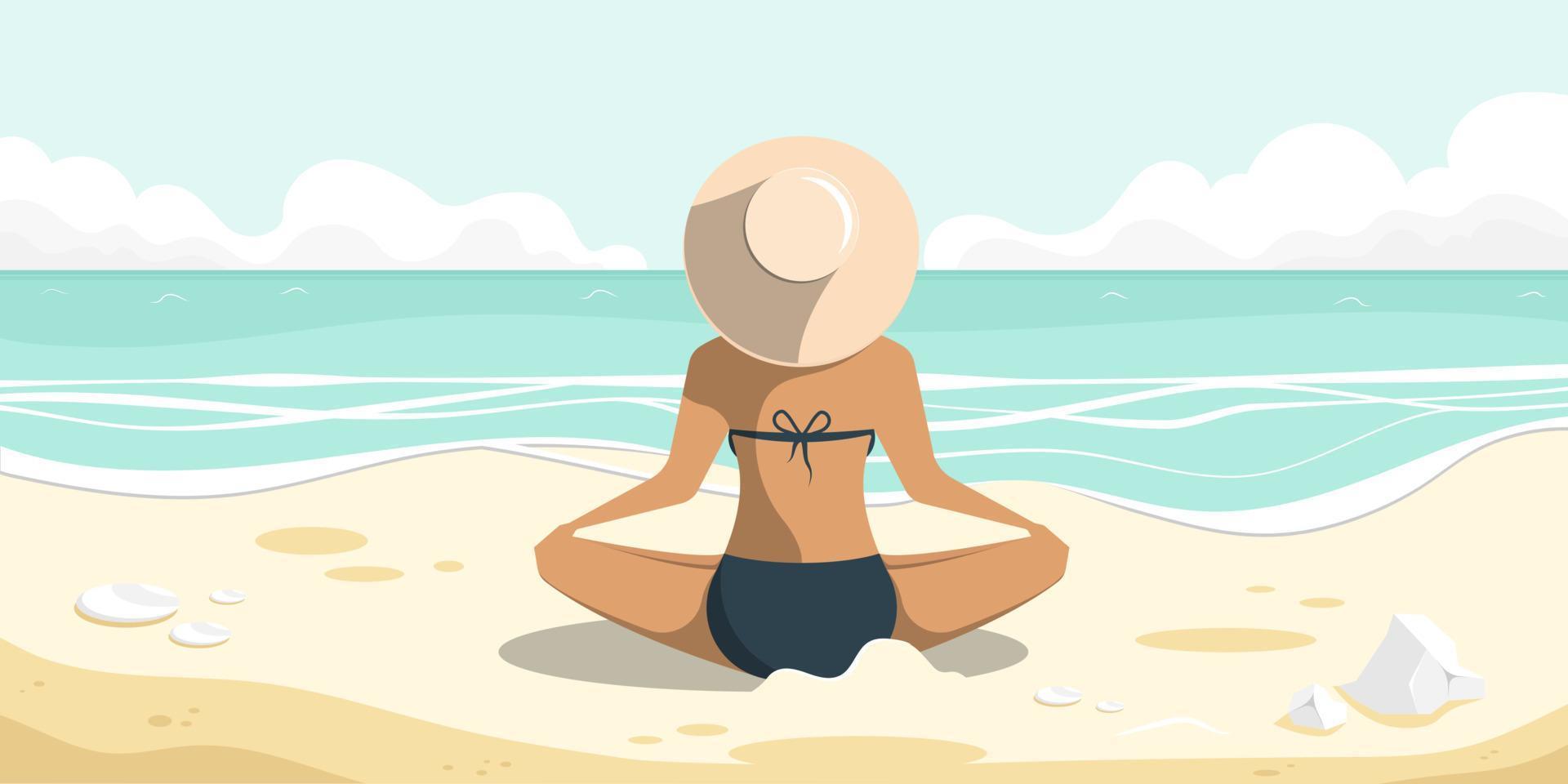 spiaggia cartone animato scena, donna seduta su sabbia spiaggia con calma mare Visualizza, vettore illustrazione.