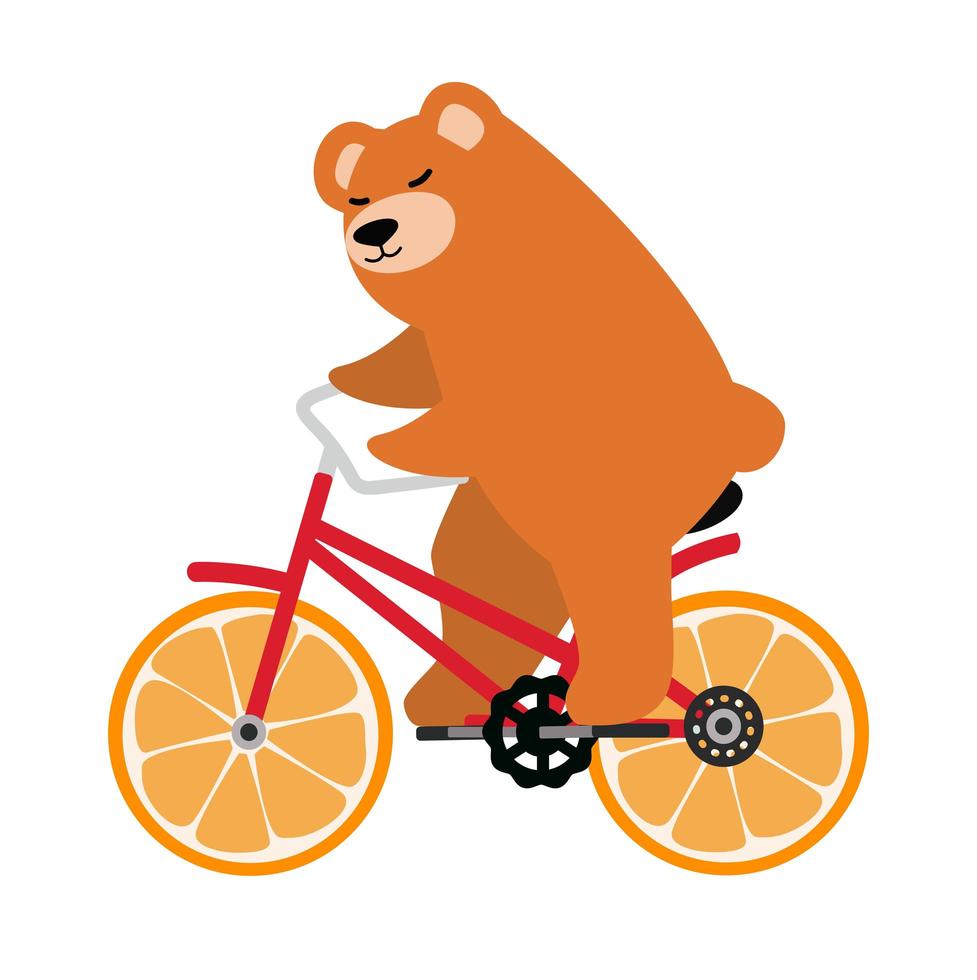 orso bruno in sella a una bicicletta arancione vettore