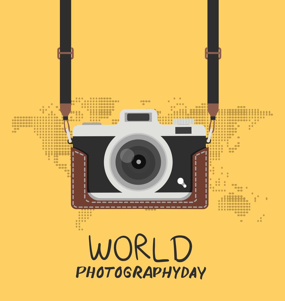 fotocamera vintage sulla custodia con mappa del mondo e scritte vettore