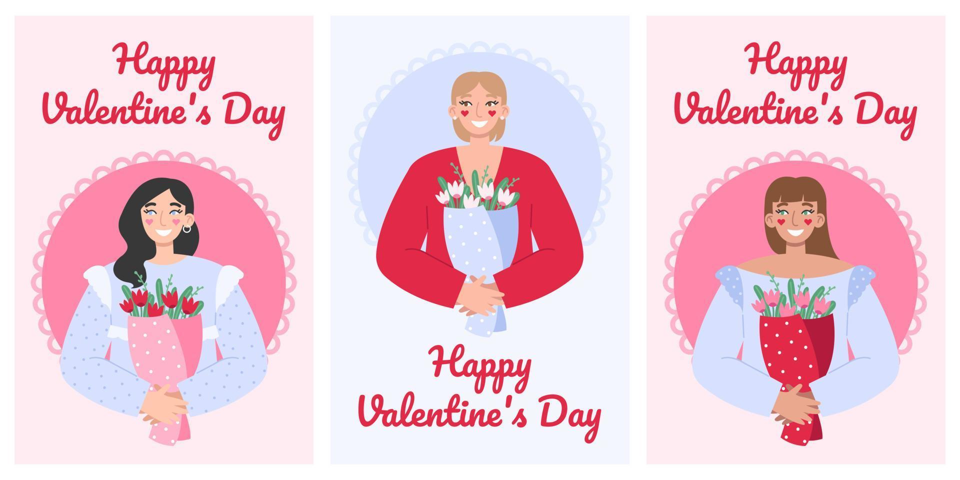 collezione di San Valentino giorno saluto carte o manifesti. donne con un' mazzo di fiori. febbraio 14 concetto. vettore
