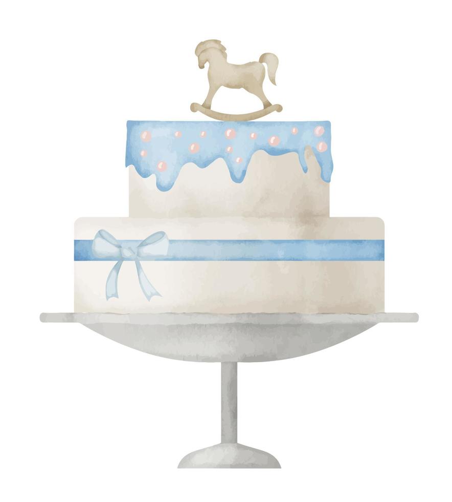 torta per bambino doccia festa. mano disegnato acquerello illustrazione per poco ragazzo compleanno. dolce dolce su isolato sfondo per bambino nascita celebrazione nel pastello blu e beige colori vettore