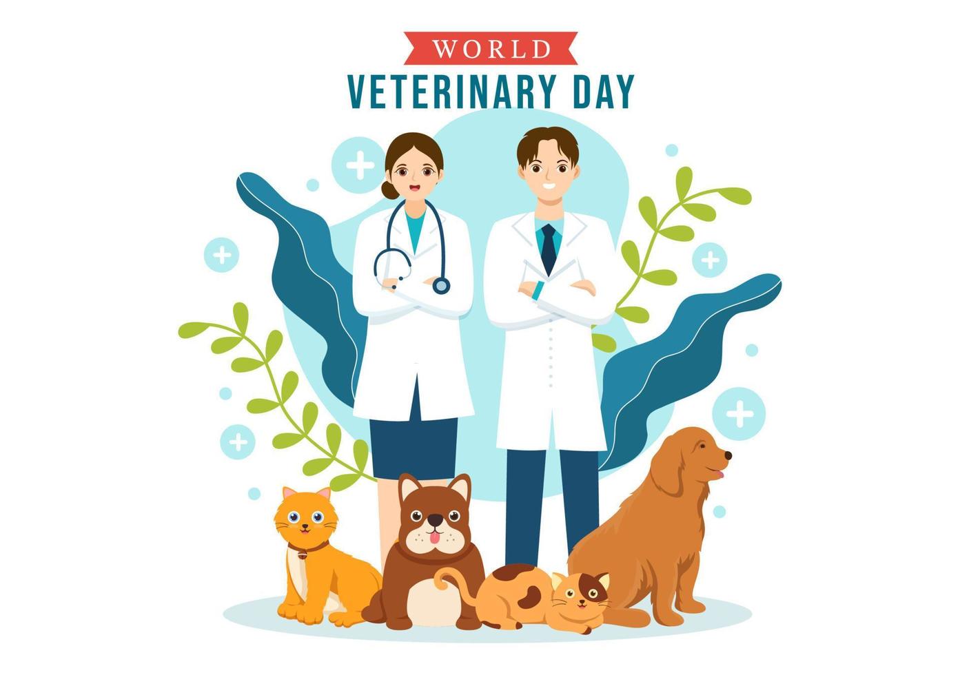 mondo veterinario giorno su aprile 29 illustrazione con medico e carino animali cani o gatti nel piatto cartone animato mano disegnato per atterraggio pagina modelli vettore